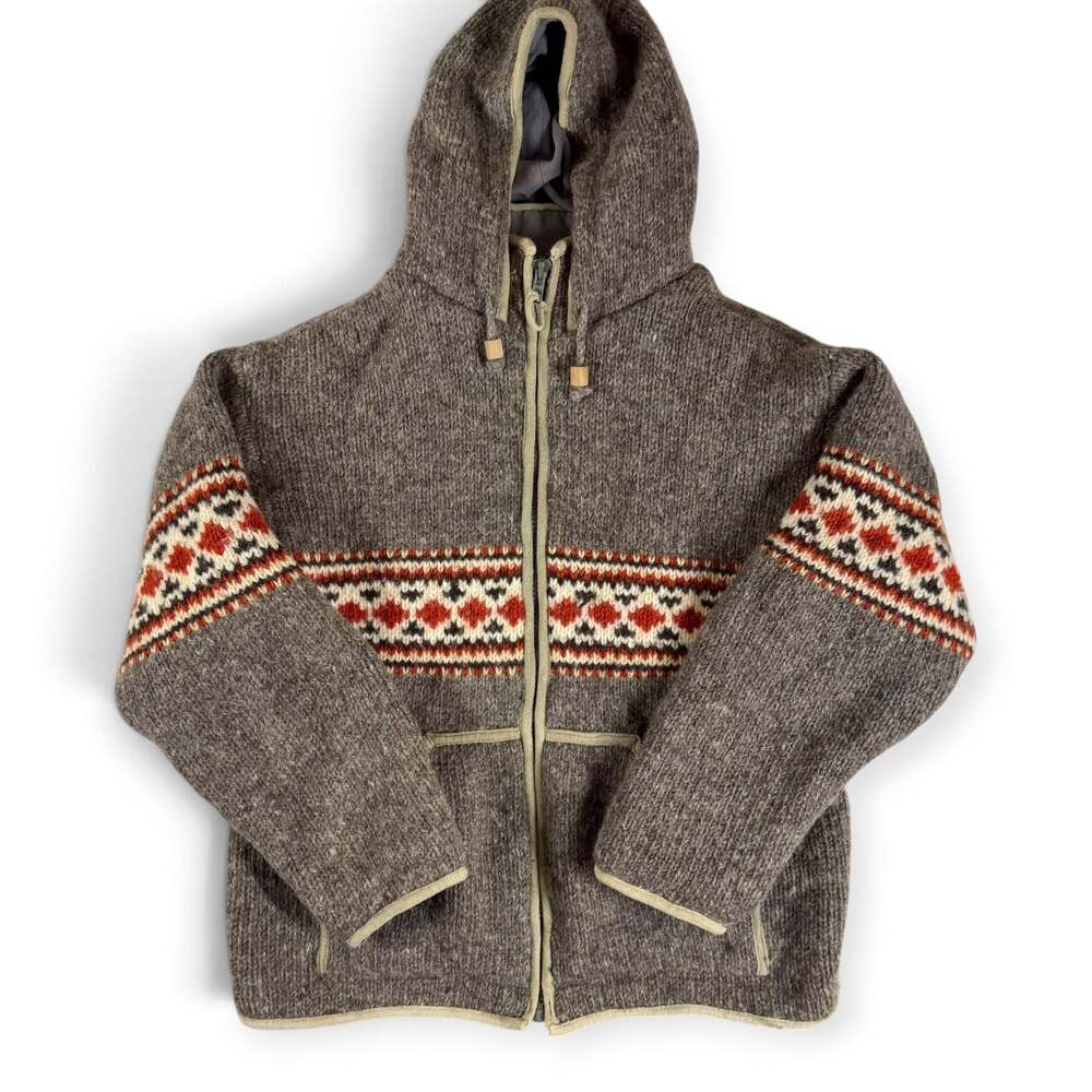 Laundromat Men's Fair Isle Pattern Hand-Knit Wool Full-Zip Hoodie with Fleece Li